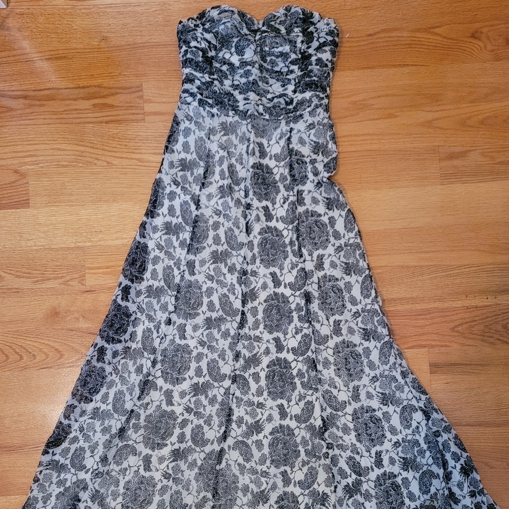 NWT! Sophia Eugene 100% Silk Strapless Print Maxi Dress, Black and White, Size 4